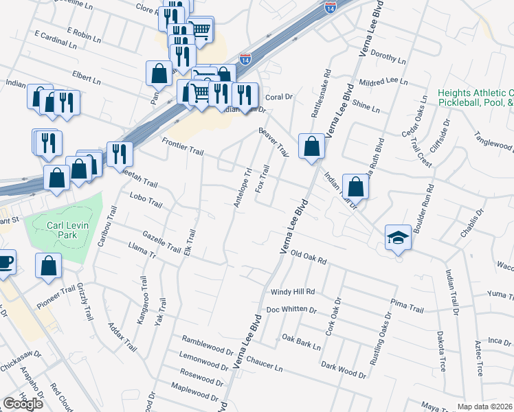 map of restaurants, bars, coffee shops, grocery stores, and more near 802 Bear Trail in Harker Heights