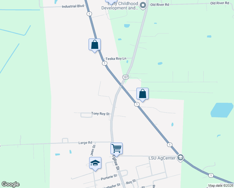 map of restaurants, bars, coffee shops, grocery stores, and more near Louisiana 107 in Mansura