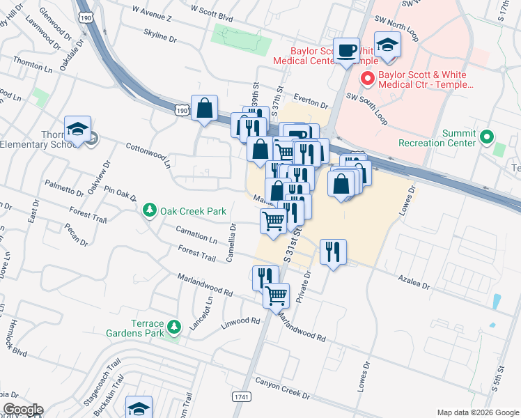 map of restaurants, bars, coffee shops, grocery stores, and more near 1810A Azalea Drive in Temple