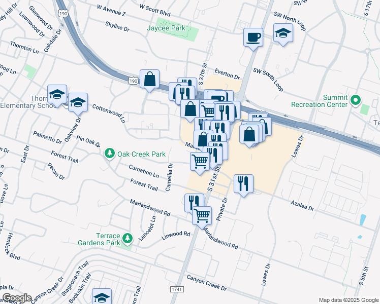 map of restaurants, bars, coffee shops, grocery stores, and more near 1810A Azalea Drive in Temple