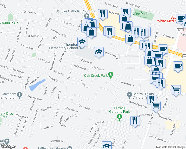 map of restaurants, bars, coffee shops, grocery stores, and more near 3511 Juniper Drive in Temple