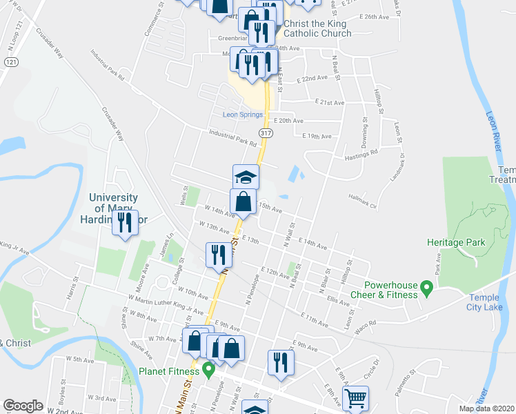 map of restaurants, bars, coffee shops, grocery stores, and more near 107 East 15th Avenue in Belton