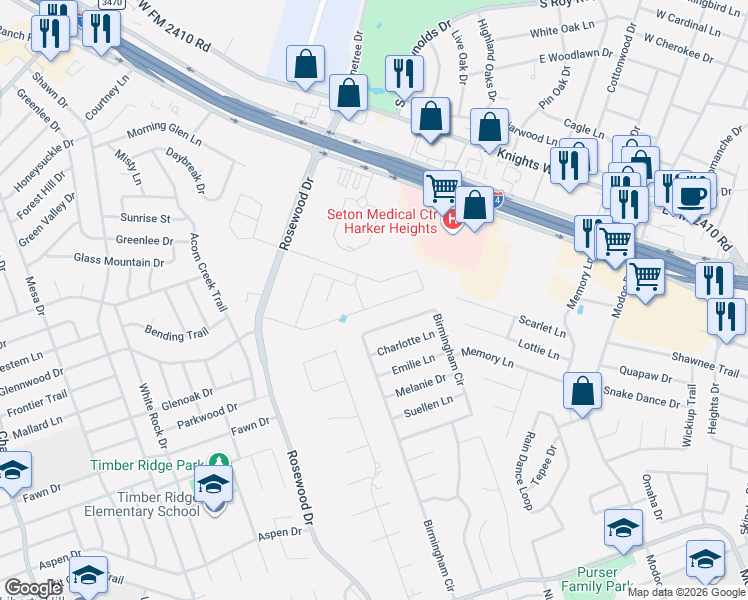 map of restaurants, bars, coffee shops, grocery stores, and more near 5317 Birmingham Circle in Killeen