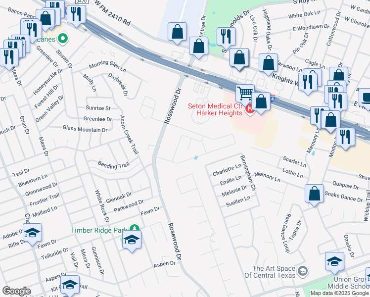 map of restaurants, bars, coffee shops, grocery stores, and more near 4136 Rosewood Drive in Killeen
