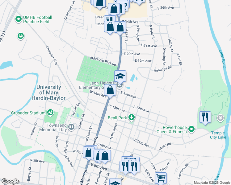 map of restaurants, bars, coffee shops, grocery stores, and more near 1501 North Main Street in Belton