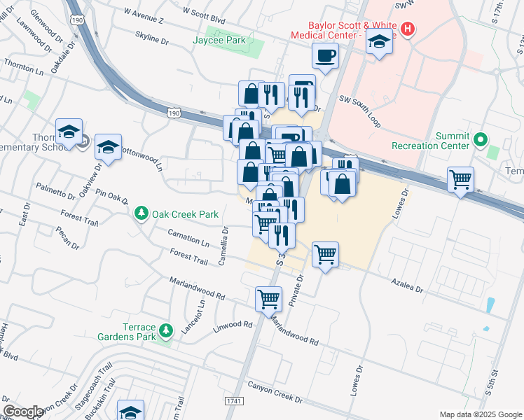 map of restaurants, bars, coffee shops, grocery stores, and more near 3056 South 31st Street in Temple