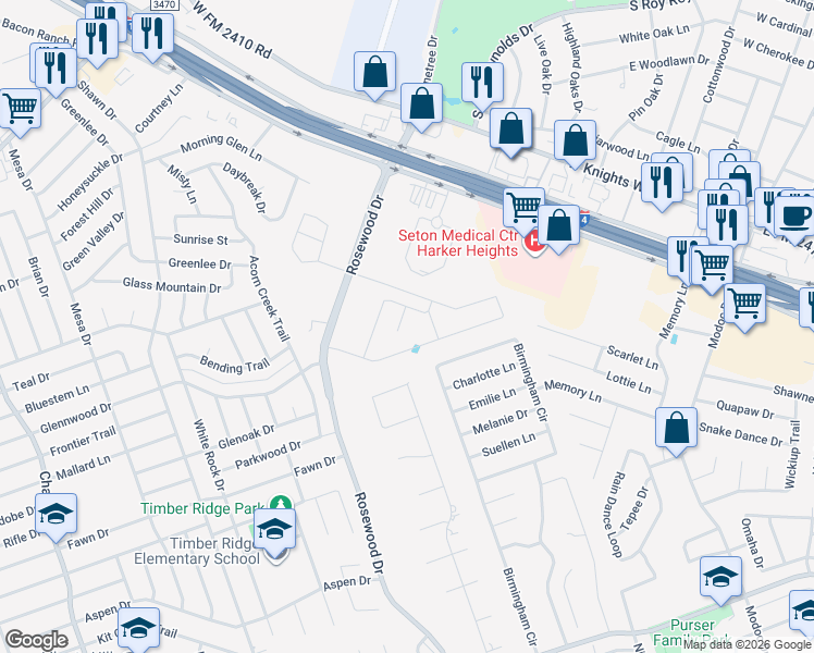 map of restaurants, bars, coffee shops, grocery stores, and more near 5305 Birmingham Circle in Killeen
