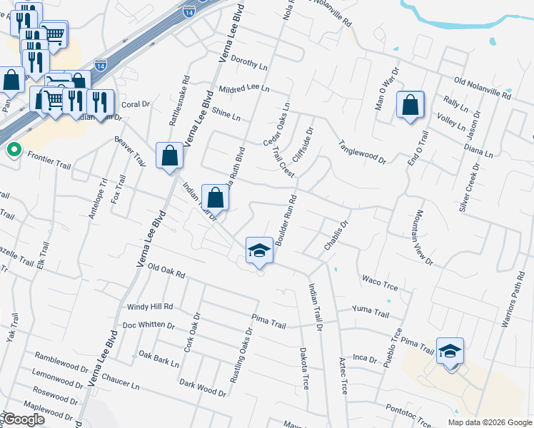 map of restaurants, bars, coffee shops, grocery stores, and more near 107 Wind Ridge Drive in Harker Heights