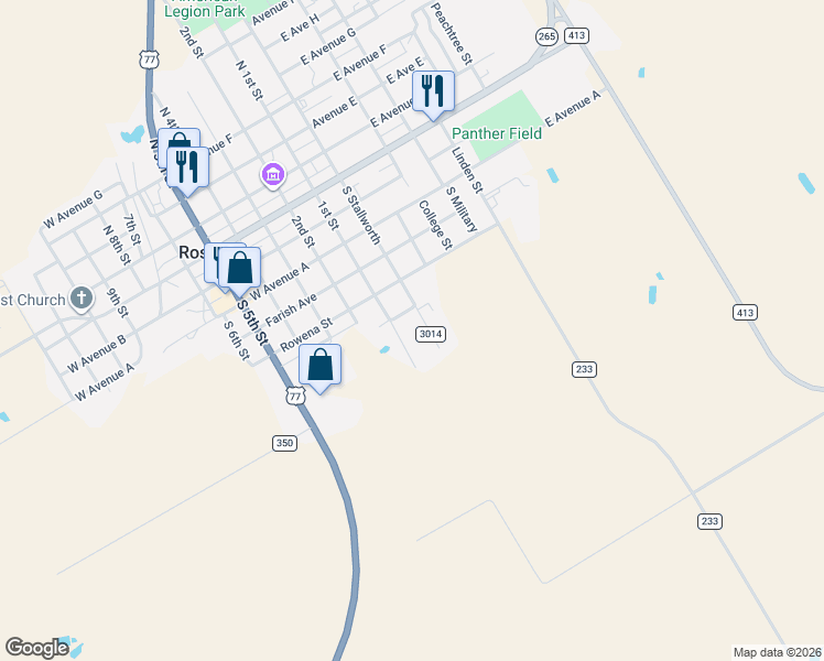 map of restaurants, bars, coffee shops, grocery stores, and more near 615 South Stallworth in Rosebud