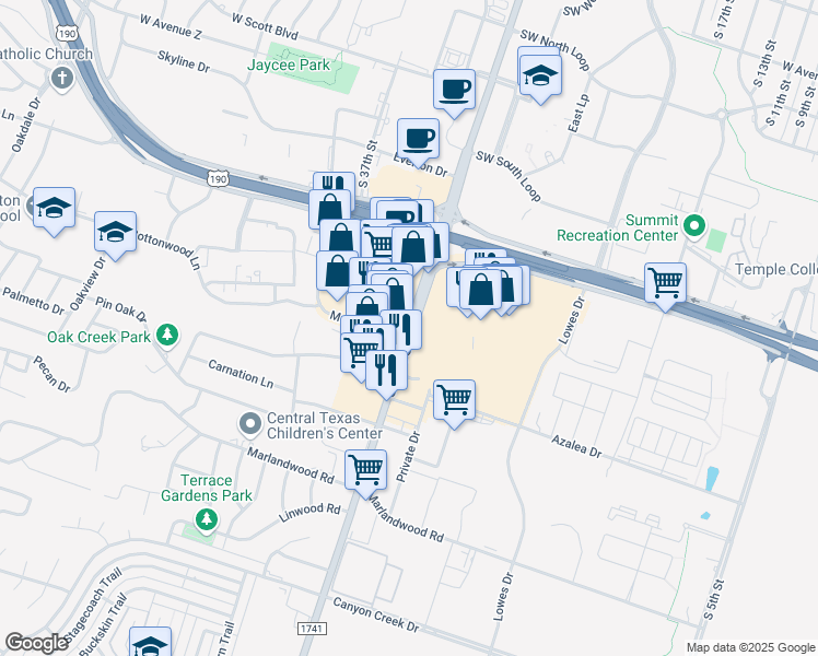 map of restaurants, bars, coffee shops, grocery stores, and more near 3170 South 31st Street in Temple