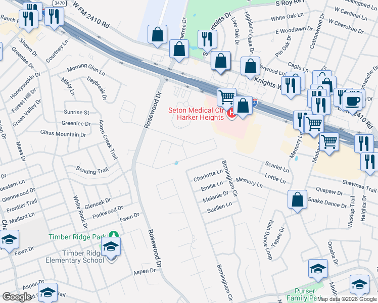 map of restaurants, bars, coffee shops, grocery stores, and more near 5317 Birmingham Circle in Killeen
