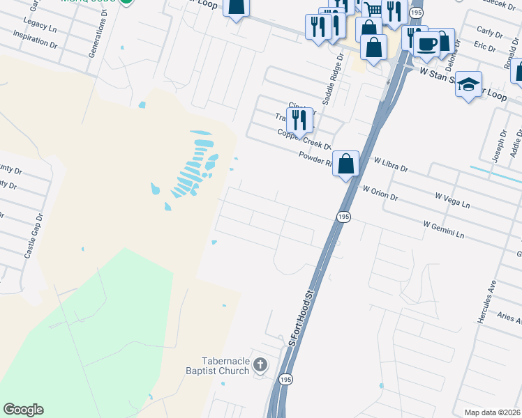 map of restaurants, bars, coffee shops, grocery stores, and more near 1402 Powder River Drive in Killeen