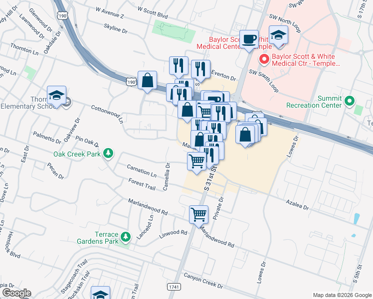 map of restaurants, bars, coffee shops, grocery stores, and more near 3121 Market Loop in Temple