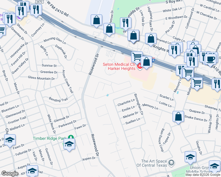 map of restaurants, bars, coffee shops, grocery stores, and more near 5305 Birmingham Circle in Killeen
