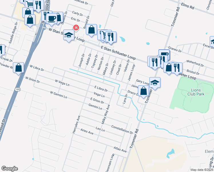 map of restaurants, bars, coffee shops, grocery stores, and more near 508 James in Killeen