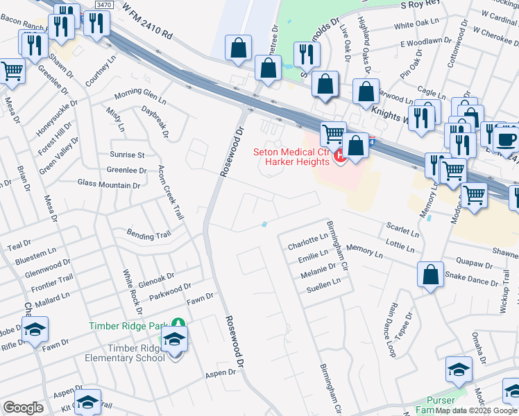 map of restaurants, bars, coffee shops, grocery stores, and more near 5305 Birmingham Circle in Killeen