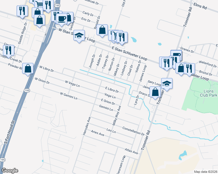 map of restaurants, bars, coffee shops, grocery stores, and more near 405 East Little Dipper in Killeen