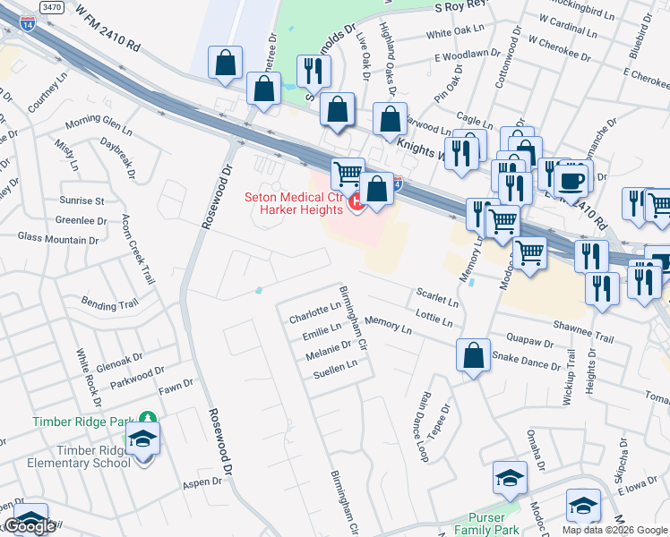 map of restaurants, bars, coffee shops, grocery stores, and more near 247 Scarlet Lane in Harker Heights
