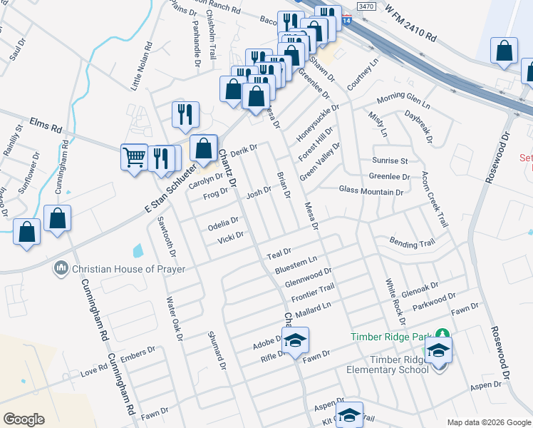 map of restaurants, bars, coffee shops, grocery stores, and more near 4604 Colby Drive in Killeen