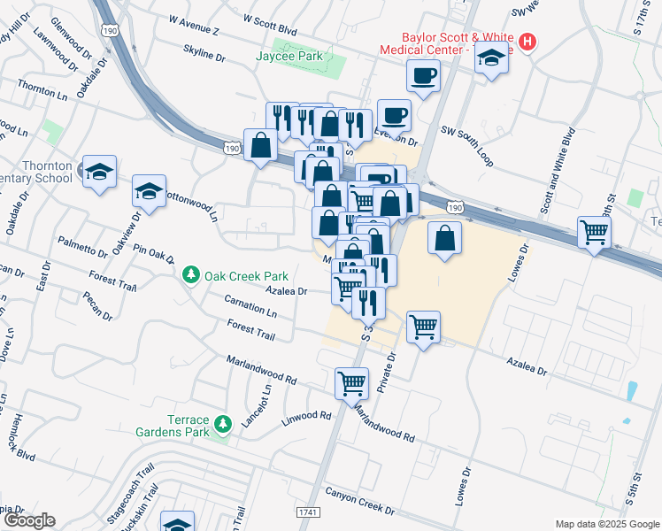 map of restaurants, bars, coffee shops, grocery stores, and more near 3202 Camellia Circle in Temple