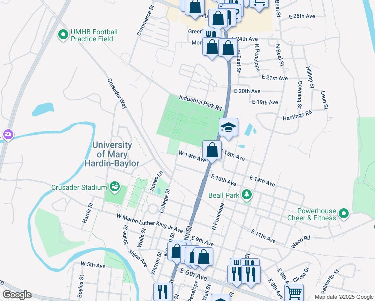 map of restaurants, bars, coffee shops, grocery stores, and more near 1413 French Street in Belton