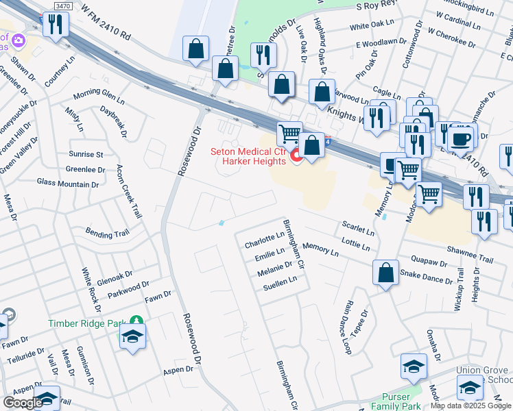map of restaurants, bars, coffee shops, grocery stores, and more near 5405 Birmingham Cir in Killeen