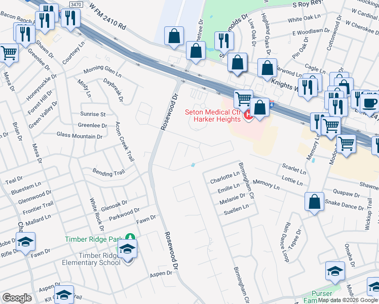 map of restaurants, bars, coffee shops, grocery stores, and more near 5305 Birmingham Circle in Killeen