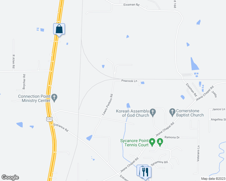 map of restaurants, bars, coffee shops, grocery stores, and more near 591 Lewis Perkins Road in Leesville