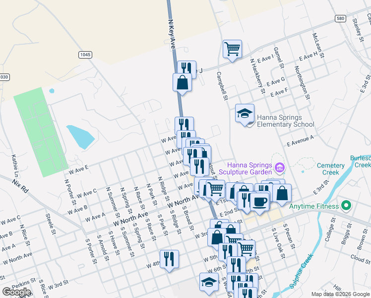 map of restaurants, bars, coffee shops, grocery stores, and more near 408 North Key Avenue in Lampasas