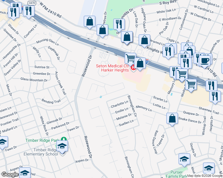 map of restaurants, bars, coffee shops, grocery stores, and more near 5317 Birmingham Circle in Killeen