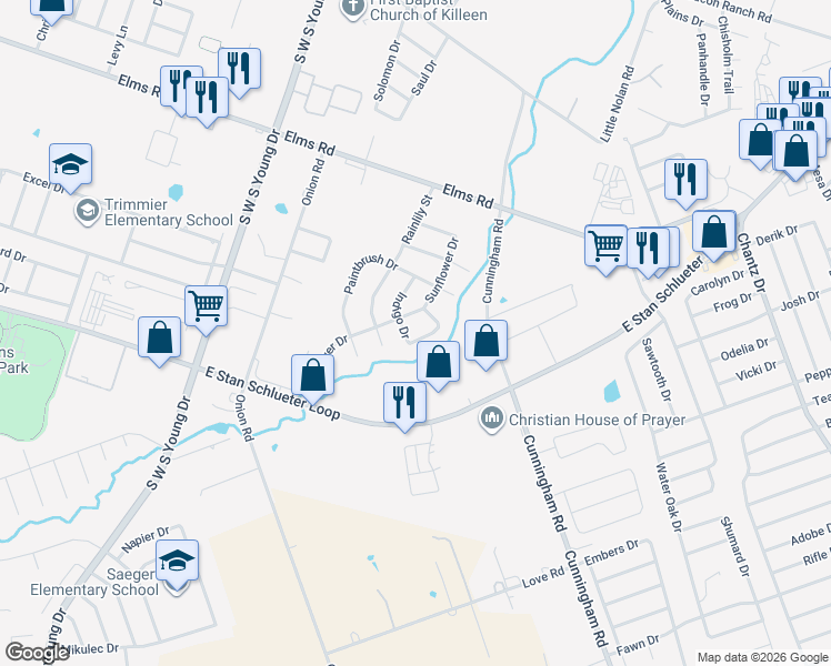 map of restaurants, bars, coffee shops, grocery stores, and more near 4308 Sunflower Drive in Killeen