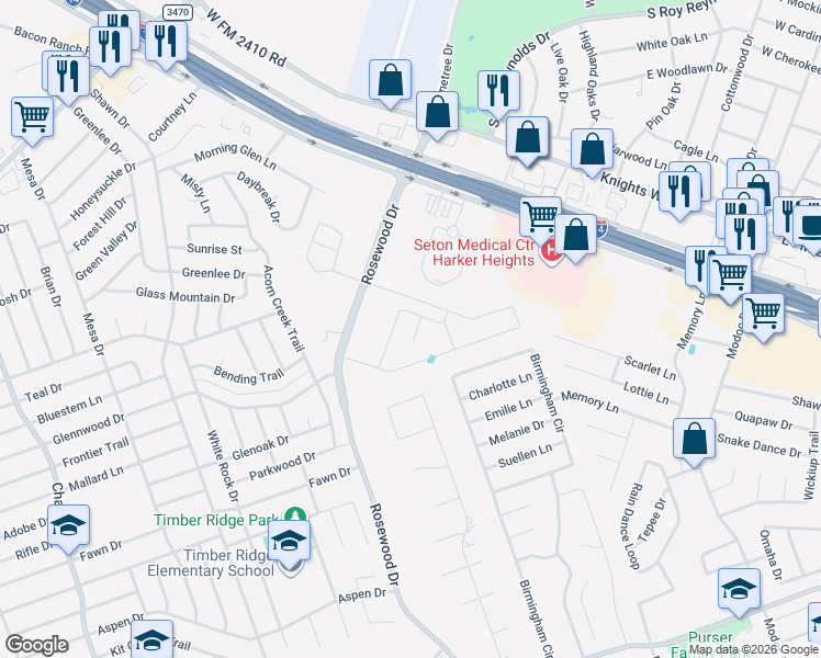 map of restaurants, bars, coffee shops, grocery stores, and more near 5305 Birmingham Circle in Killeen