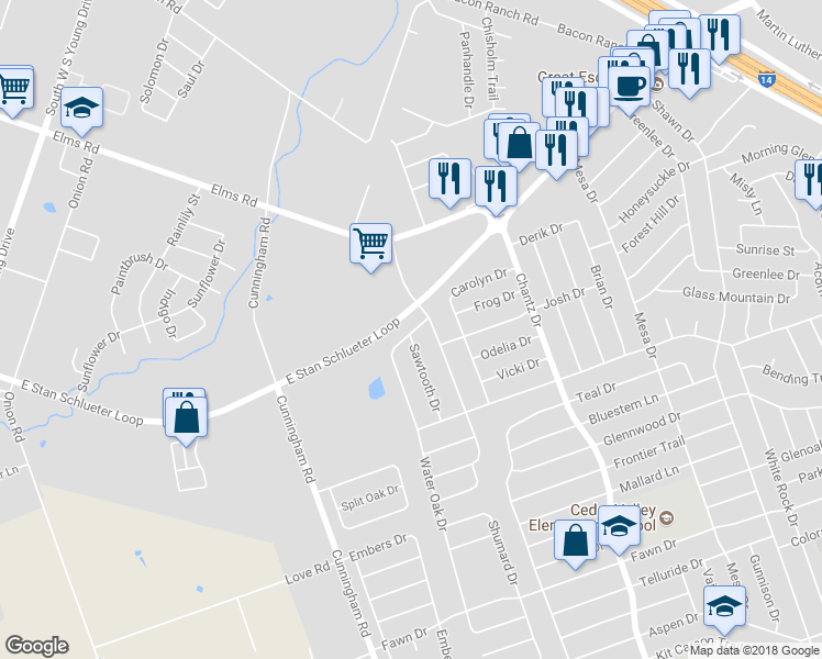 map of restaurants, bars, coffee shops, grocery stores, and more near 3705 Water Oak Drive in Killeen