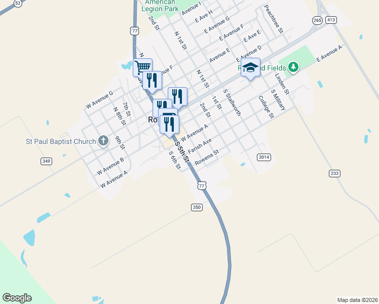 map of restaurants, bars, coffee shops, grocery stores, and more near 404 Farish Avenue in Rosebud
