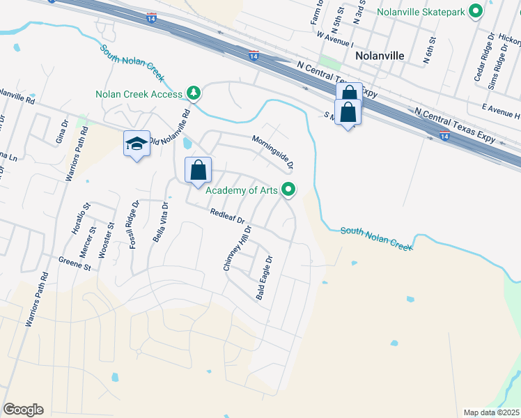 map of restaurants, bars, coffee shops, grocery stores, and more near 6005 Chimney Hill Drive in Nolanville