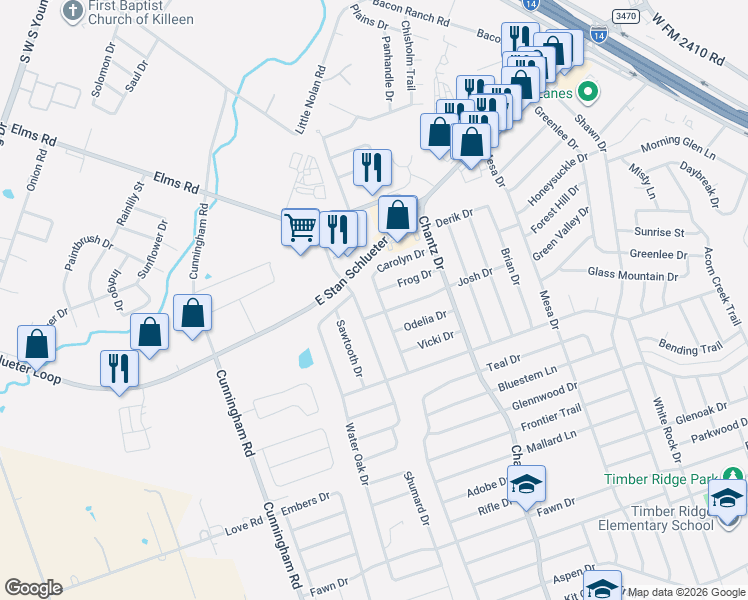 map of restaurants, bars, coffee shops, grocery stores, and more near 4009 Oak Valley Drive in Killeen