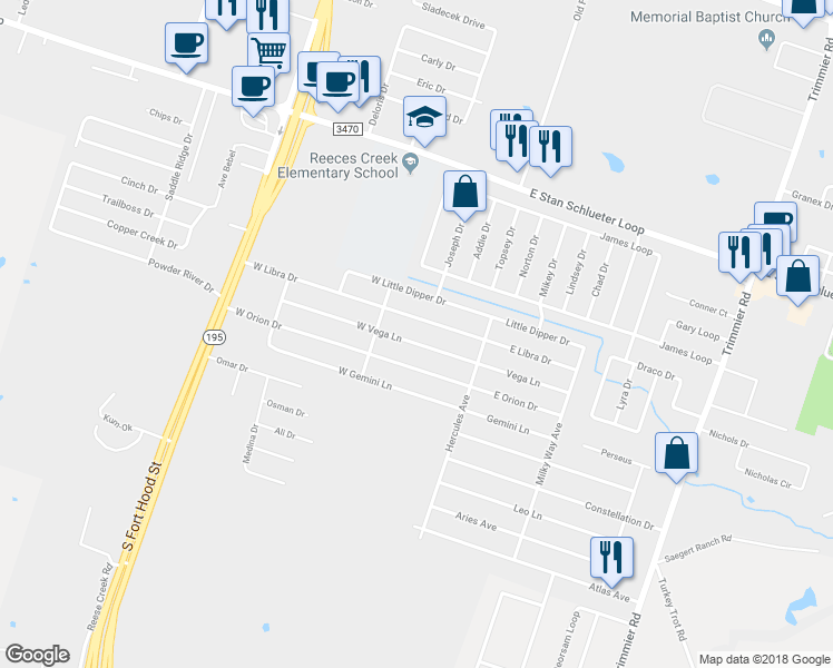 map of restaurants, bars, coffee shops, grocery stores, and more near 302 West Libra Drive in Killeen