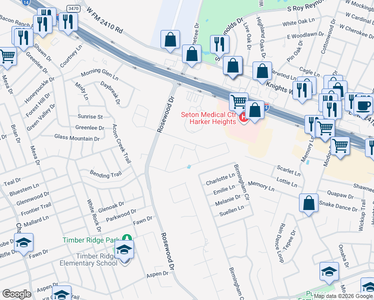 map of restaurants, bars, coffee shops, grocery stores, and more near 5305 Birmingham Circle in Killeen