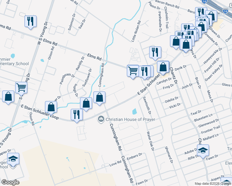 map of restaurants, bars, coffee shops, grocery stores, and more near 4302 Cunningham Road in Killeen