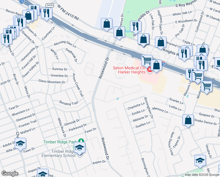 map of restaurants, bars, coffee shops, grocery stores, and more near 4136 Rosewood Drive in Killeen