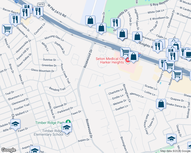 map of restaurants, bars, coffee shops, grocery stores, and more near 5305 Birmingham Circle in Killeen