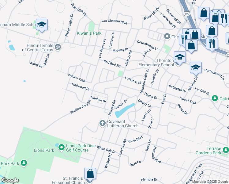 map of restaurants, bars, coffee shops, grocery stores, and more near 3601 Oak Villa Drive in Temple