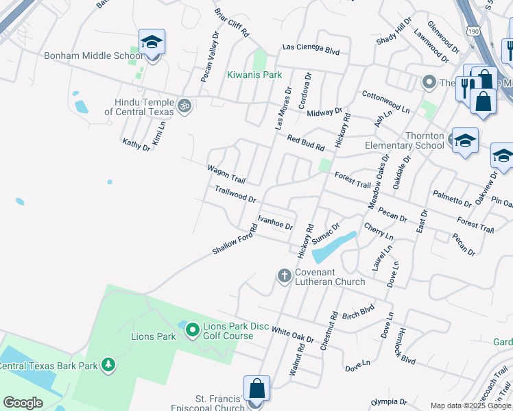 map of restaurants, bars, coffee shops, grocery stores, and more near 3805 Alderwood Lane in Temple