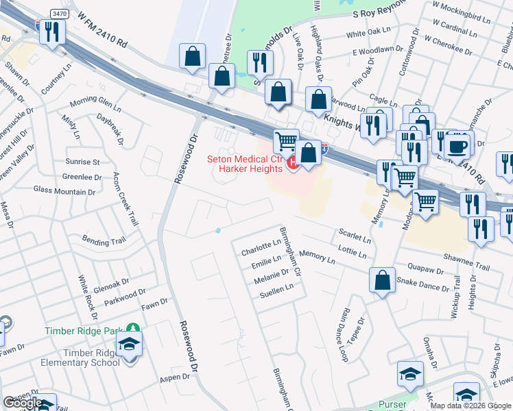 map of restaurants, bars, coffee shops, grocery stores, and more near 5405 Birmingham Cir in Killeen