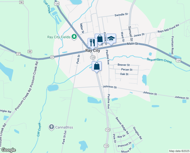 map of restaurants, bars, coffee shops, grocery stores, and more near 579 Patten Avenue in Ray City