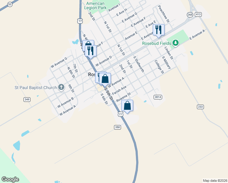 map of restaurants, bars, coffee shops, grocery stores, and more near 404 Farish Avenue in Rosebud