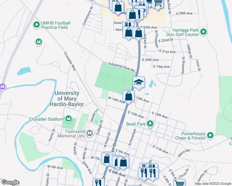 map of restaurants, bars, coffee shops, grocery stores, and more near 1416 French Street in Belton