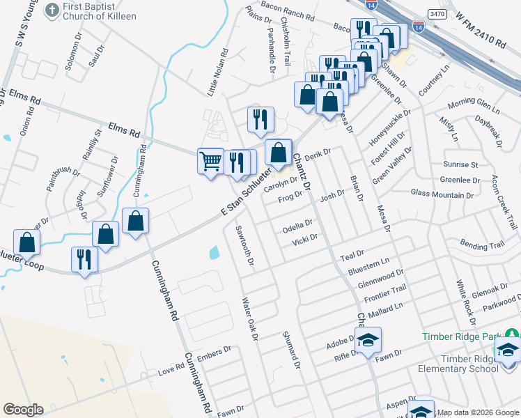 map of restaurants, bars, coffee shops, grocery stores, and more near 4009 Oak Valley Drive in Killeen