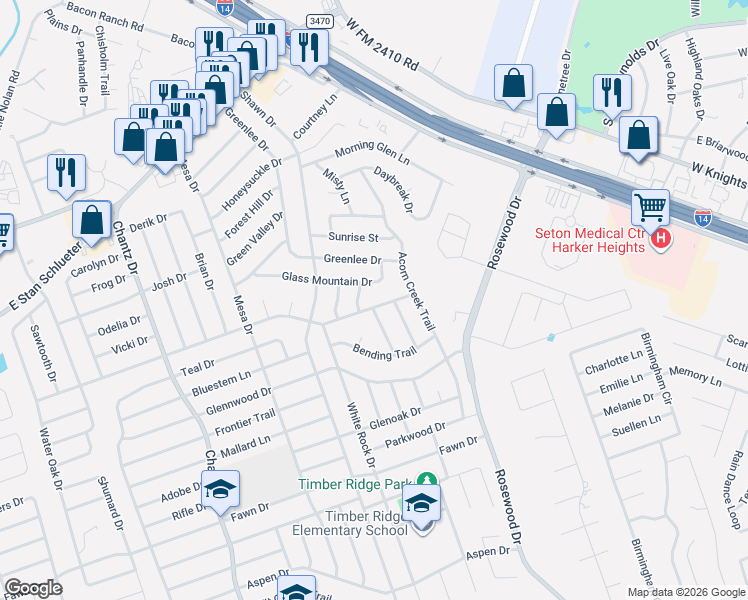 map of restaurants, bars, coffee shops, grocery stores, and more near 5005 Pepper Mill Hollow in Killeen