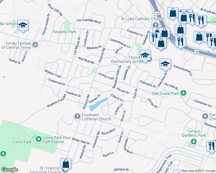 map of restaurants, bars, coffee shops, grocery stores, and more near 3301 Pecan Drive in Temple